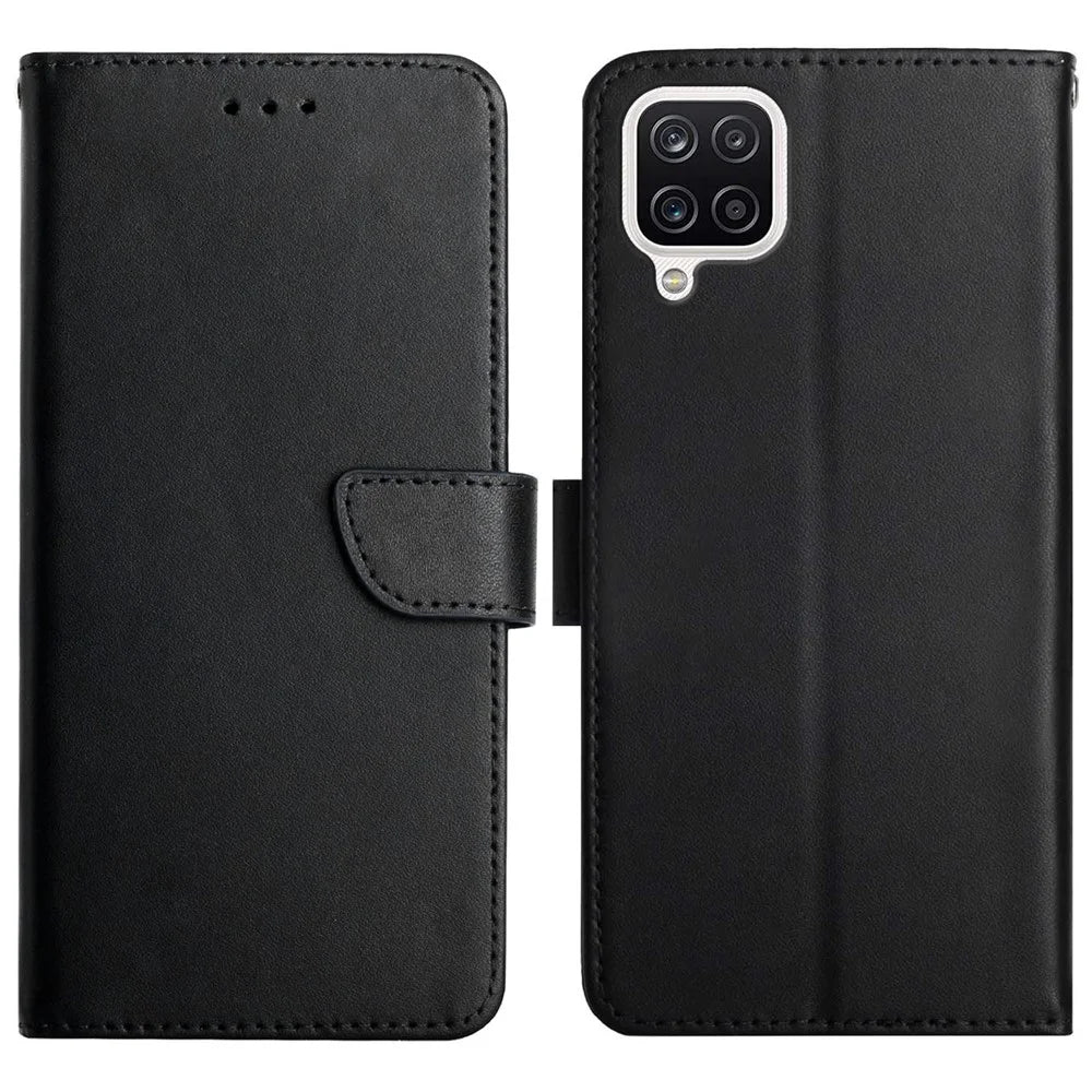 Nappa Texture Anti-fingerprint Shockproof Genuine Leather Wallet Stand Protective Phone Case for Samsung Galaxy A12/M12 - Black - 1