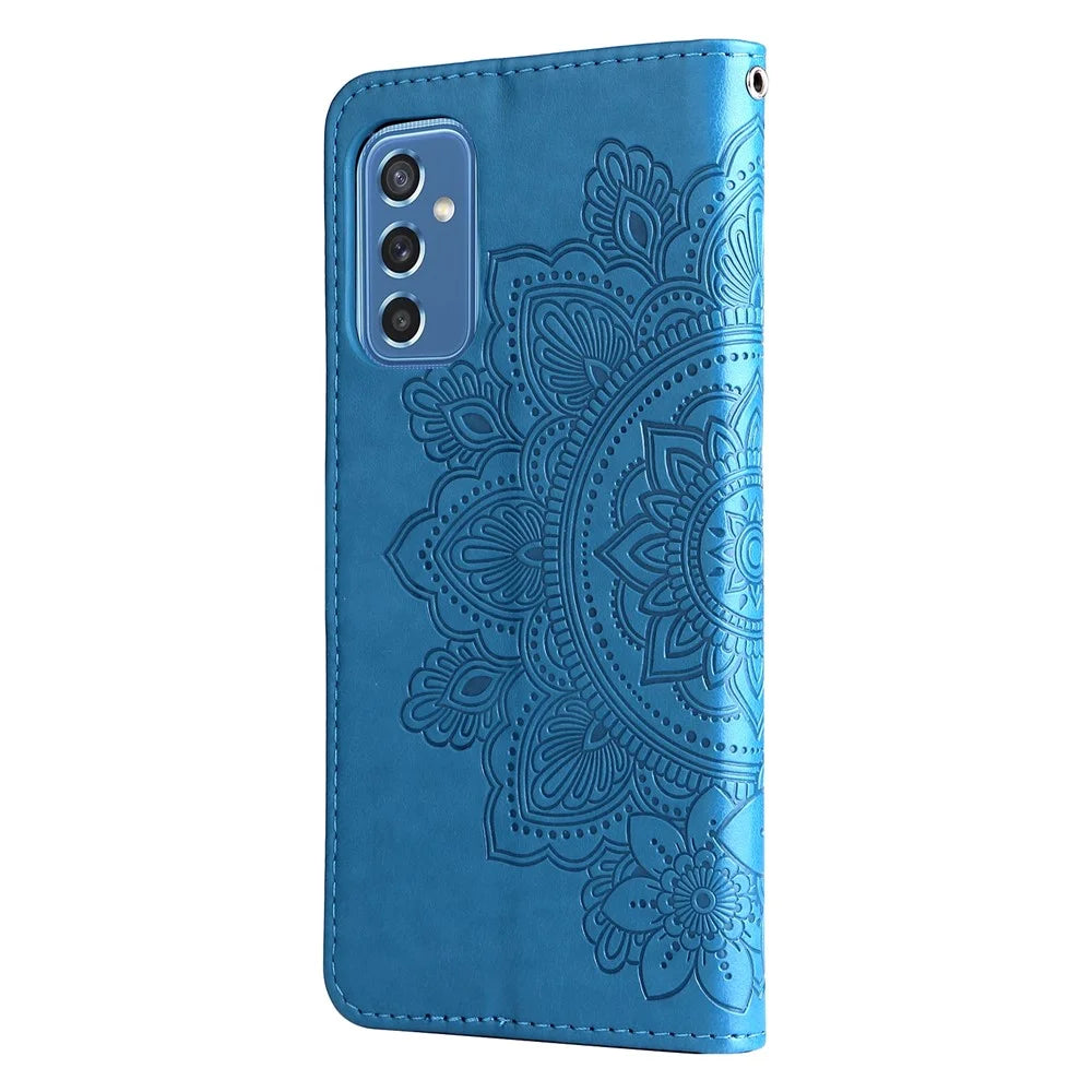 Phone Cover Flip Mobile Phone Case Imprinted Flower Pattern TPU+PU Leather Stand Wallet with Lanyard for Samsung Galaxy M52 5G - Blue - 3