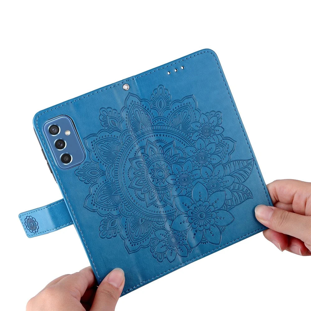 Phone Cover Flip Mobile Phone Case Imprinted Flower Pattern TPU+PU Leather Stand Wallet with Lanyard for Samsung Galaxy M52 5G - Blue - 6