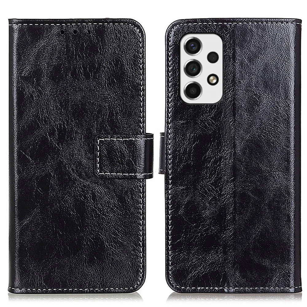 Flip Phone Cover Retro Style Crazy Horse Texture Foldable Stand Leather Phone Wallet Case for Samsung Galaxy A53 5G - Black - 1