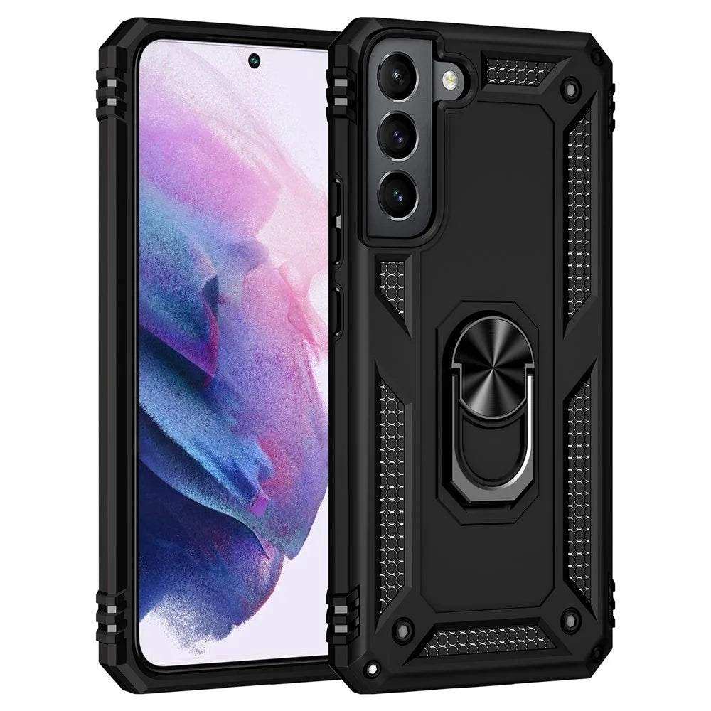 Shockproof Ring Holder Kickstand Design PC + TPU + Metal Hybrid Phone Cover Shell for Samsung Galaxy S22 5G 5G - Black - 2