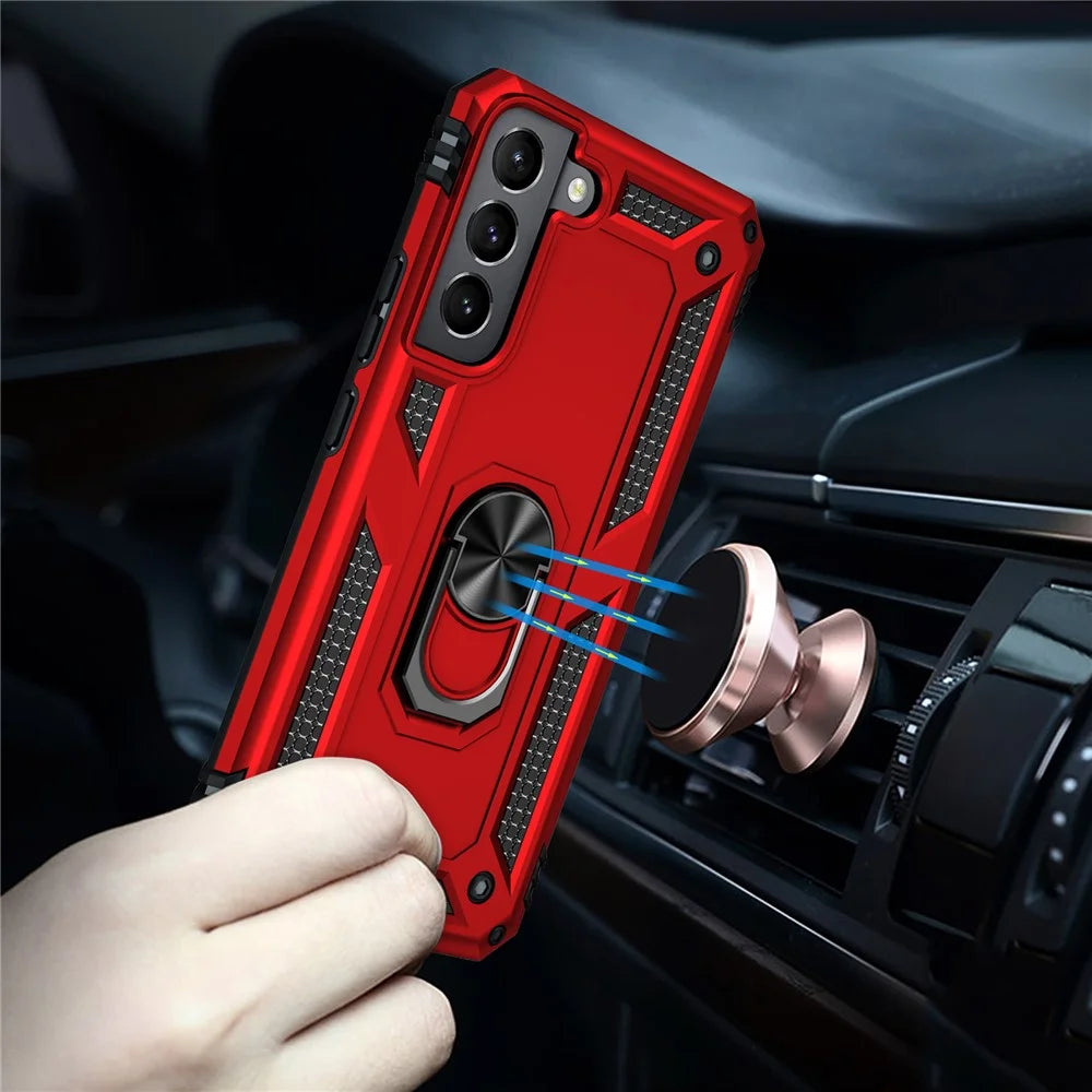 Hard Anti-scratch Phone Shell Ring Holder Kickstand Design PC + TPU + Metal Hybrid Phone Cover for Samsung Galaxy S22+ 5G - Red - 5