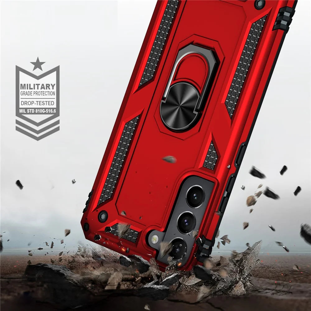 Hard Anti-scratch Phone Shell Ring Holder Kickstand Design PC + TPU + Metal Hybrid Phone Cover for Samsung Galaxy S22+ 5G - Red - 6