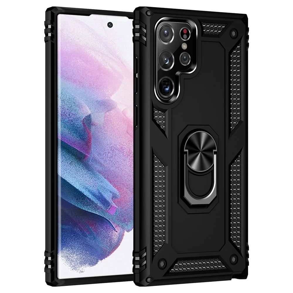 Supporting Kickstand Design Phone Back Case Ring Holder PC + TPU + Metal Hybrid Phone Cover Shell for Samsung Galaxy S22 Ultra 5G - Black - 2