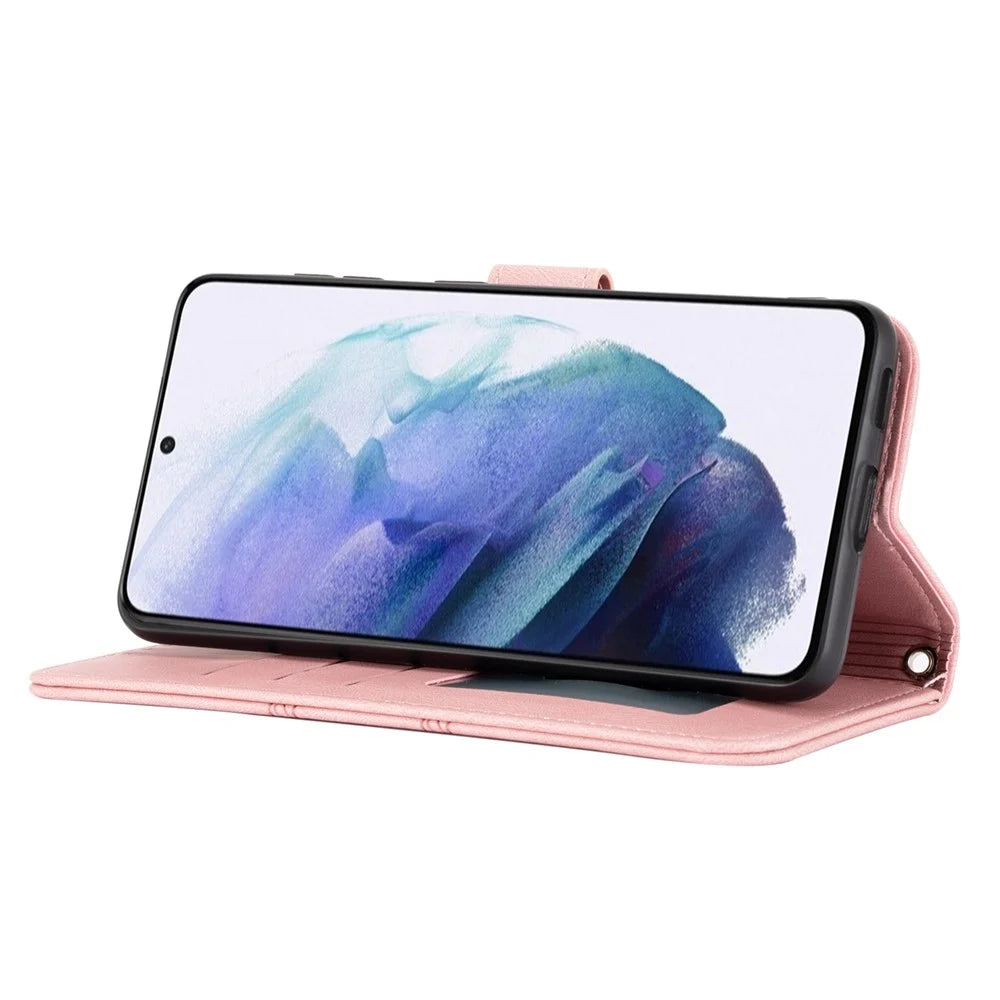 Skin-touch Feeling Surface PU Leather and TPU Imprinted Pattern Wallet Phone Case Cover with Stand for Samsung Galaxy S22 5G - Pink - 6