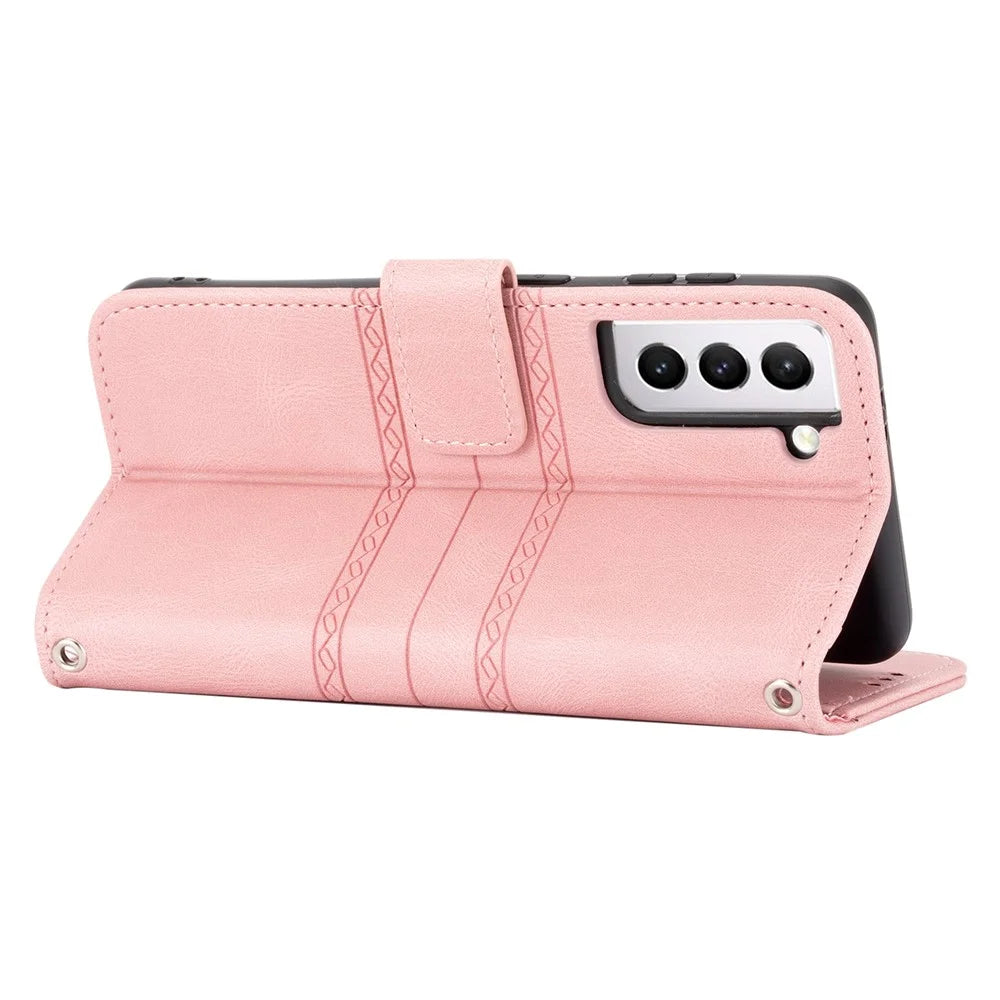Skin-touch Feeling Surface PU Leather and TPU Imprinted Pattern Wallet Phone Case Cover with Stand for Samsung Galaxy S22 5G - Pink - 7
