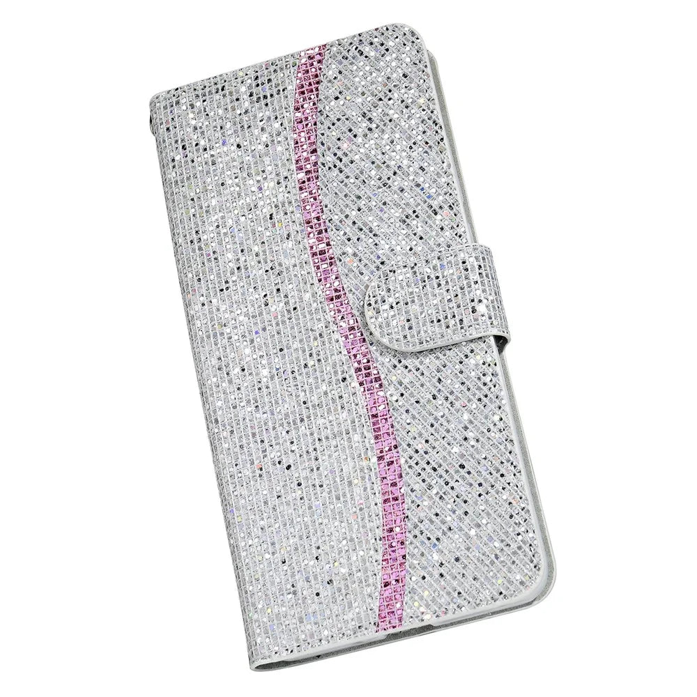 Fashionable Glittery Powder Wallet Phone Cover Leather Phone Protective Phone Case with Stand for Samsung Galaxy S22 Ultra 5G - Silver - 6