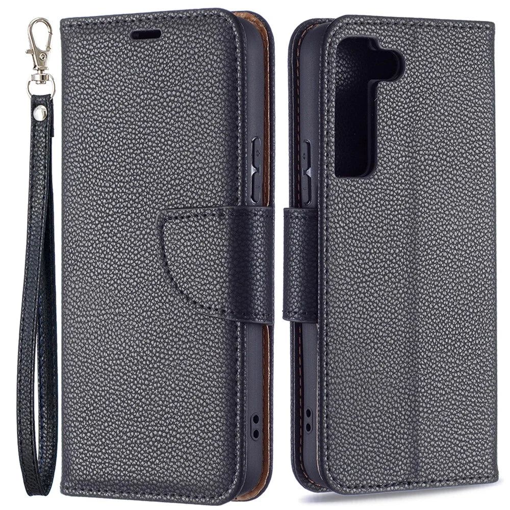 Litchi Texture PU Leather Wallet Stand Anti-drop Phone Protection Case with Handy Strap for Samsung Galaxy S22 5G - Black - 1