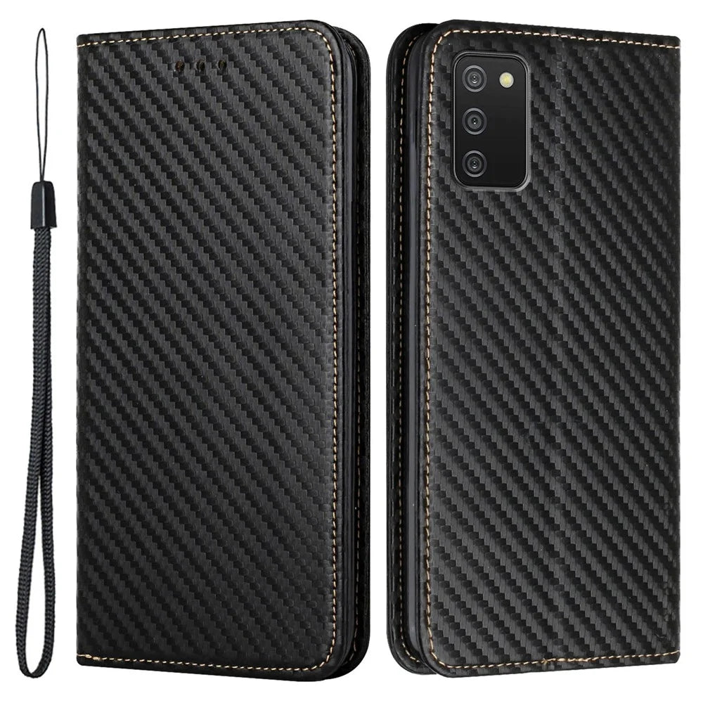 PU Leather Phone Case Carbon Fiber Texture Stand Wallet Shell for Samsung Galaxy A03s (166.5mm) - Black - 1