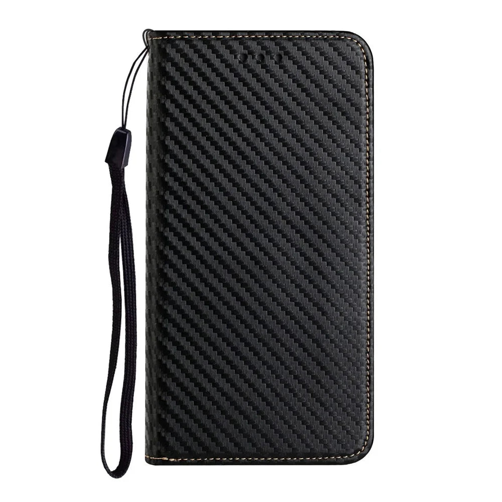 For Samsung Galaxy S22 5G Carbon Fiber Texture Stand Wallet Design Auto-absorbed Leather Case Cover with Hand Strap - Black - 2