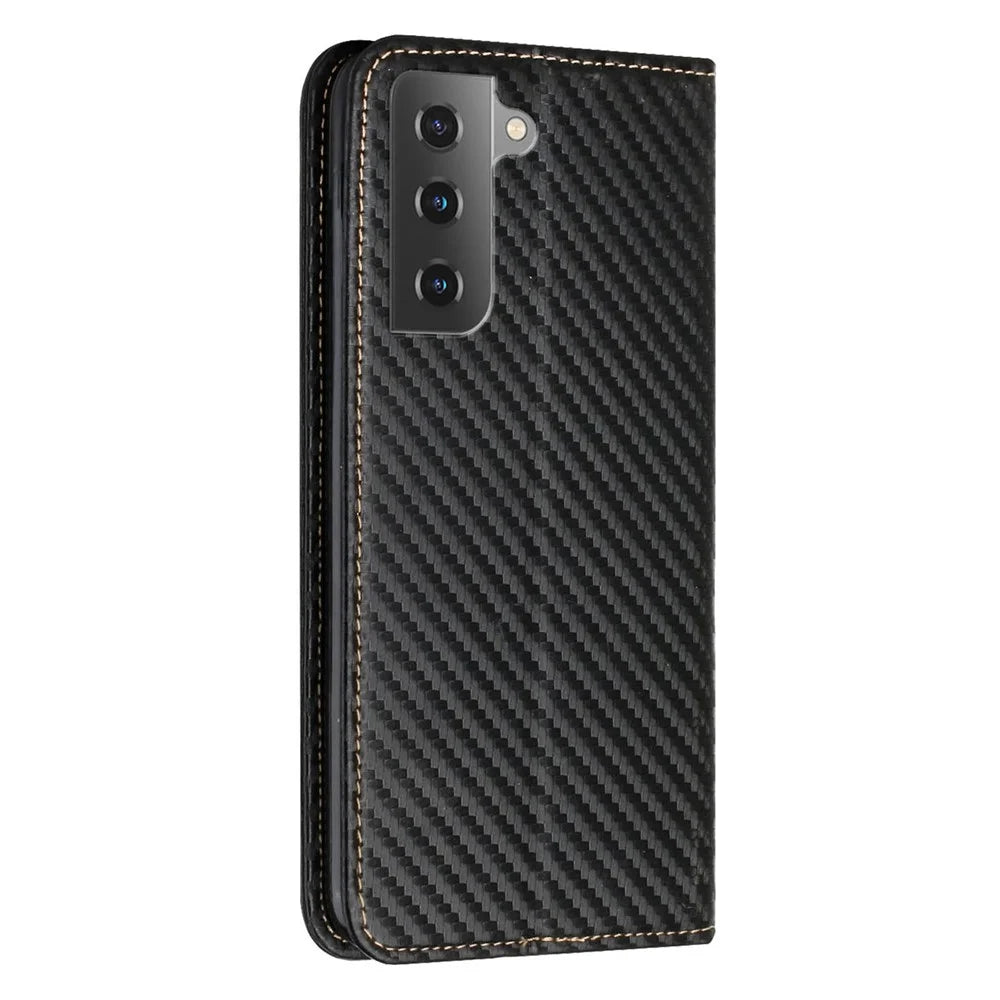 For Samsung Galaxy S22 5G Carbon Fiber Texture Stand Wallet Design Auto-absorbed Leather Case Cover with Hand Strap - Black - 3