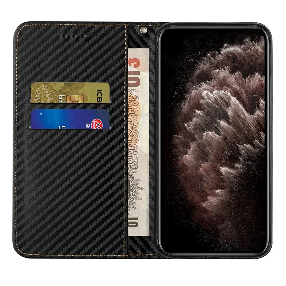 For Samsung Galaxy S22 5G Carbon Fiber Texture Stand Wallet Design Auto-absorbed Leather Case Cover with Hand Strap - Black - 4