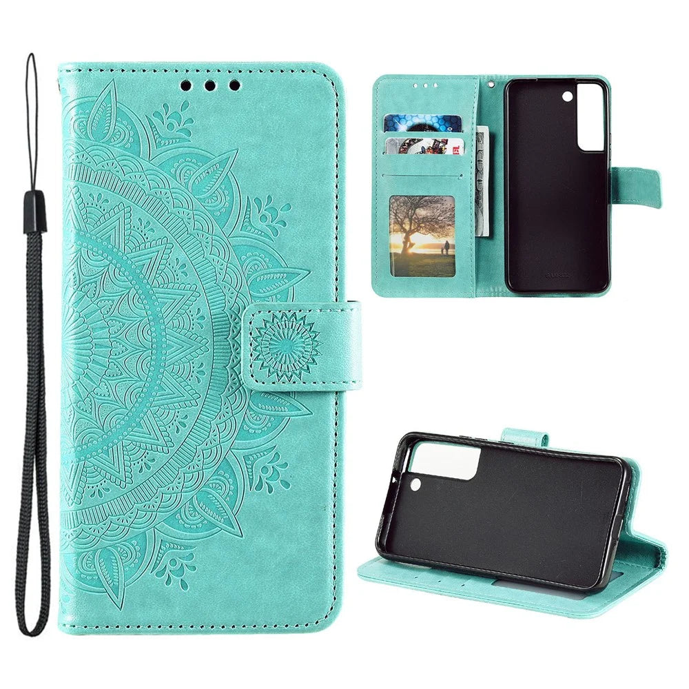 Imprinting Mandala Flower PU Leather + TPU Shockproof Phone Case with Wallet Stand for Samsung Galaxy S22+ 5G - Green - 6