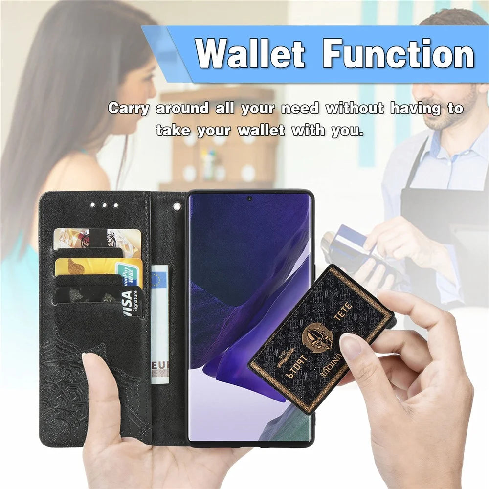 Stand Function Embossed Mandala Pattern Leather Flip Case Wallet Cover with Strap for Samsung Galaxy S22 Ultra 5G - Black - 3