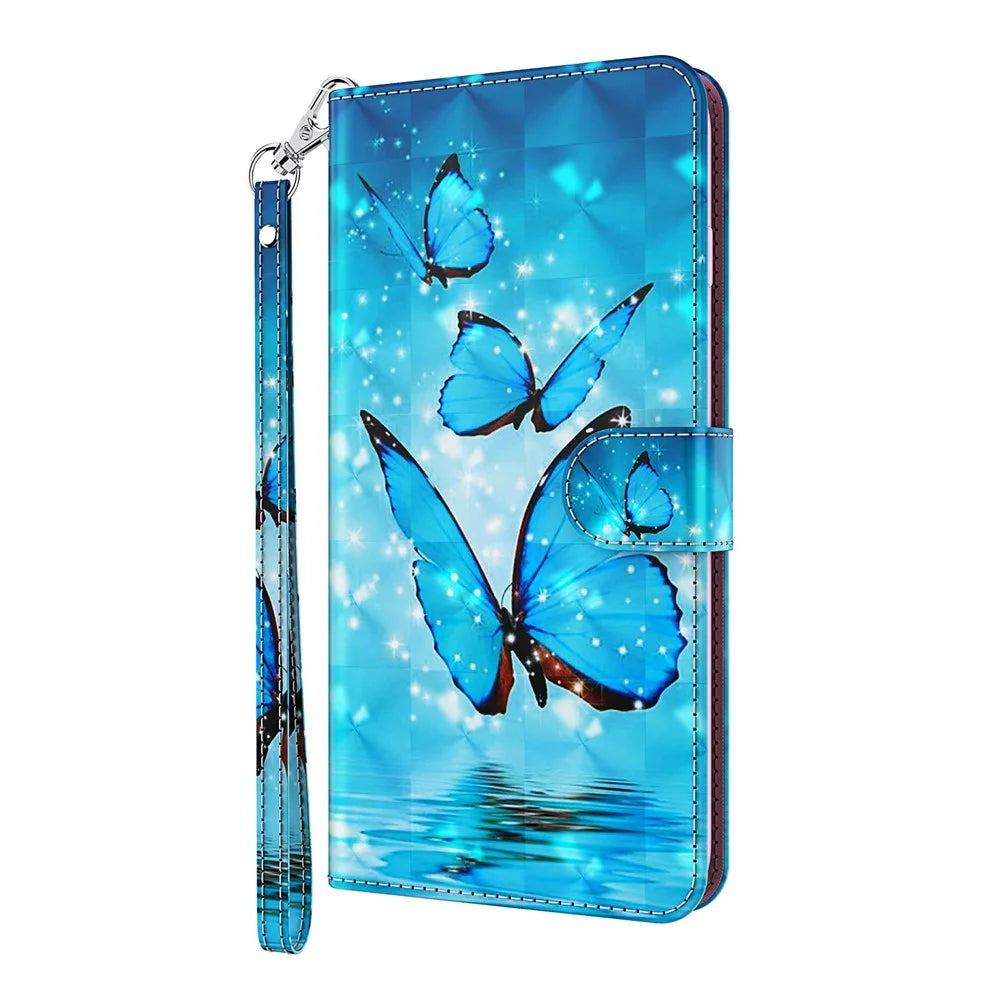 PU Leather Case 3D Pattern Printing Magnetic Wallet Stand Flip Cover with Strap for Samsung Galaxy A33 5G - Blue Butterflies - 2