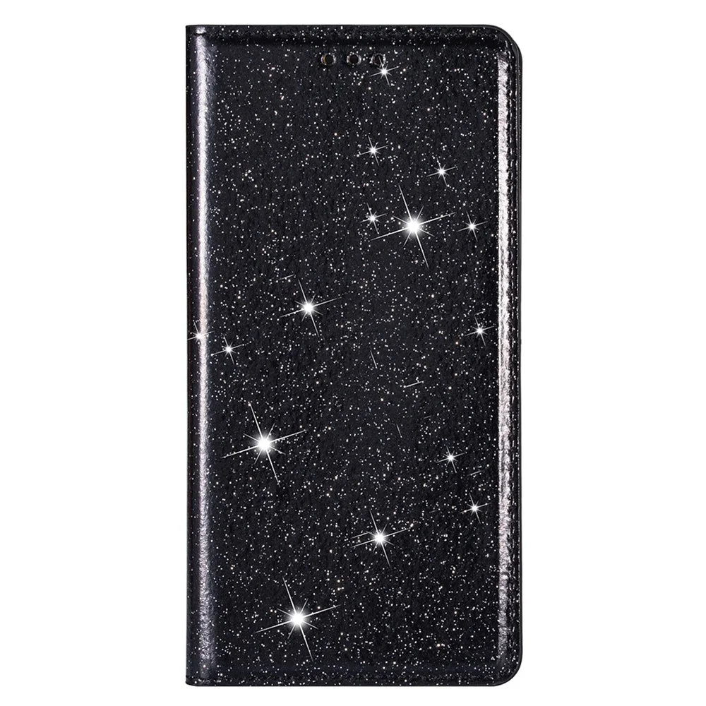 Ultra-thin Glitter Sequin PU Leather Magnetic Auto-absorbed Phone Case Stand Cover with Card Slot for Samsung Galaxy S22 5G - Black - 2
