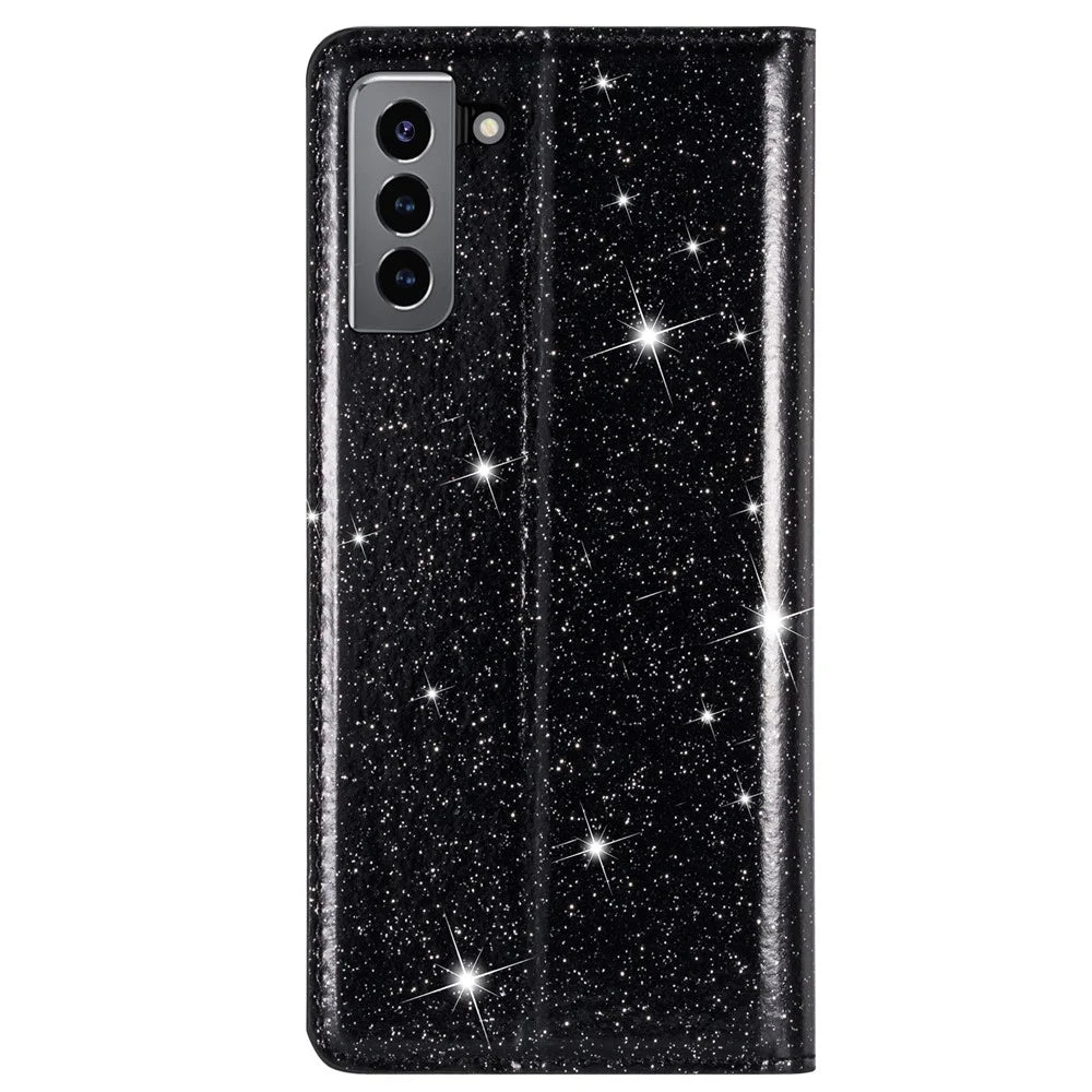 Ultra-thin Glitter Sequin PU Leather Magnetic Auto-absorbed Phone Case Stand Cover with Card Slot for Samsung Galaxy S22 5G - Black - 3