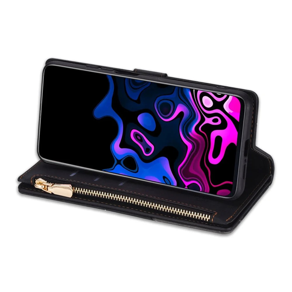 Zipper Pocket Color Splicing Lines Design Case Well-protected PU Leather Wallet Stand Phone Cover for Samsung Galaxy S22 5G - Black - 5