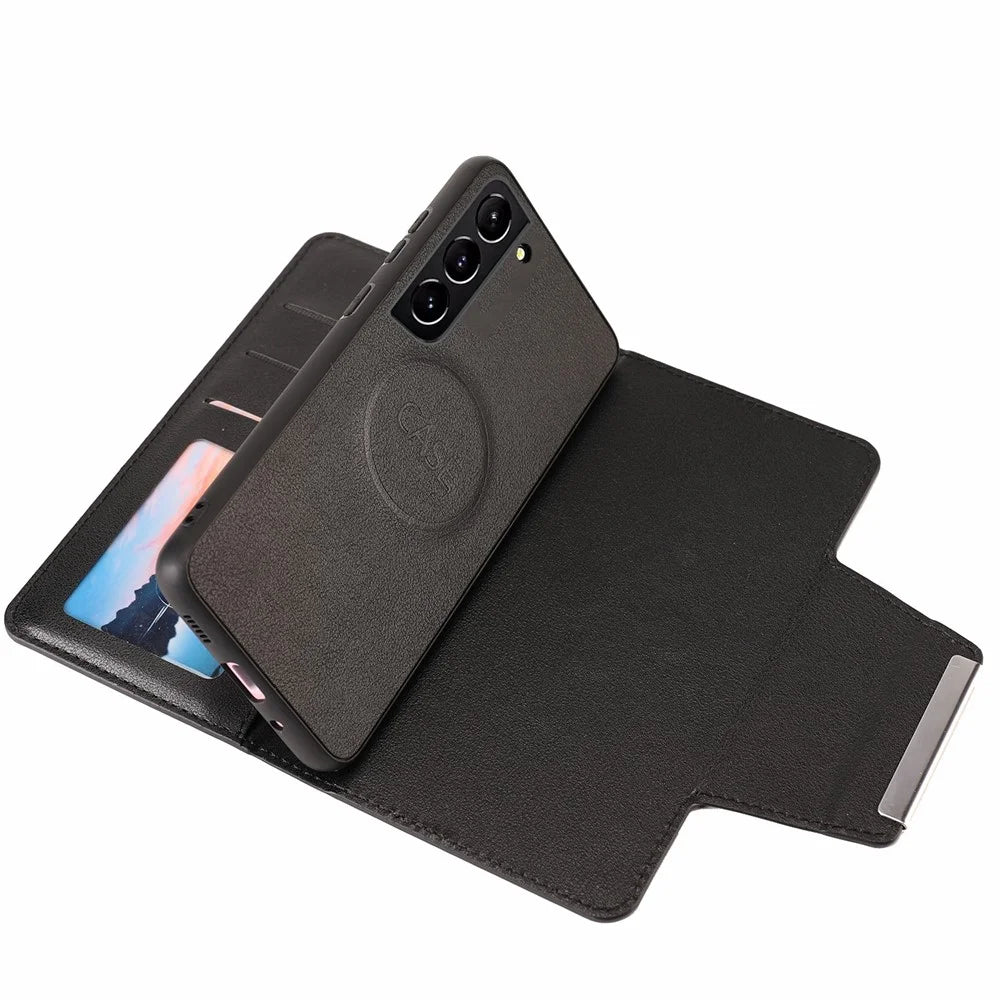 Stylish Well-protected Ultra-thin Detachable Leather Case Built-in Metal Sheet Wallet Anti-fall Phone Cover for Samsung Galaxy S21 FE 5G/S21 Fan Edition - Black - 6
