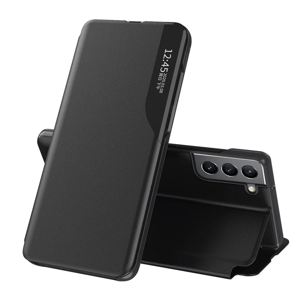 Case View Window PU Leather Stand Cover for Samsung Galaxy S22 5G - Black - 1