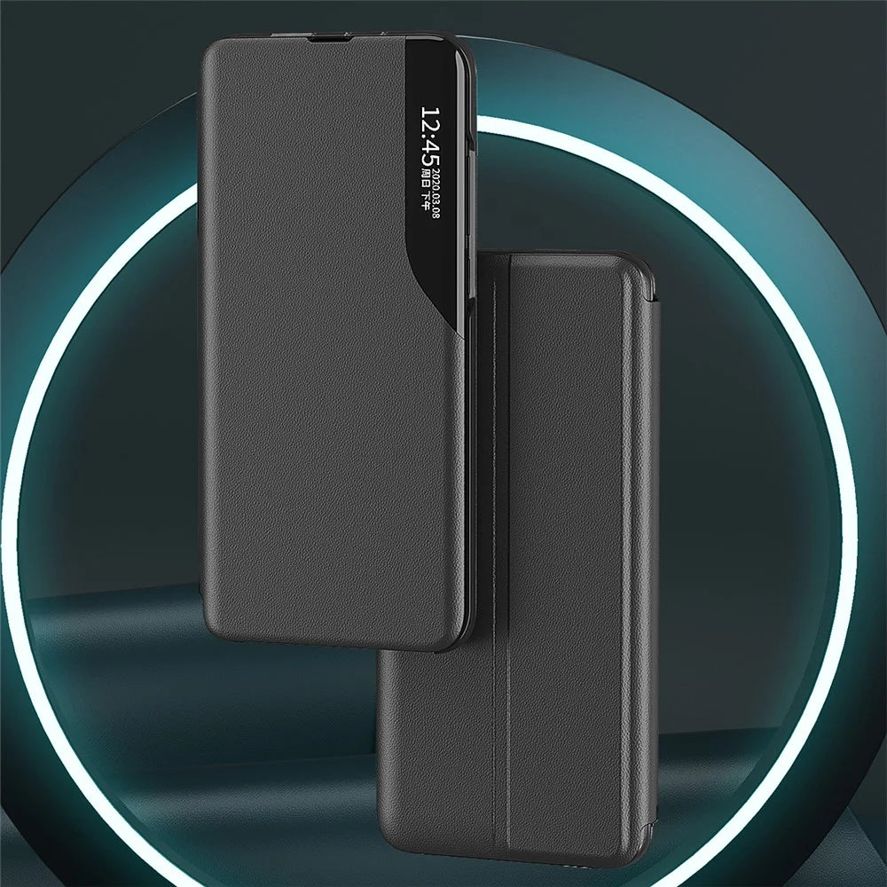 Case View Window PU Leather Stand Cover for Samsung Galaxy S22 Ultra 5G - Black - 3