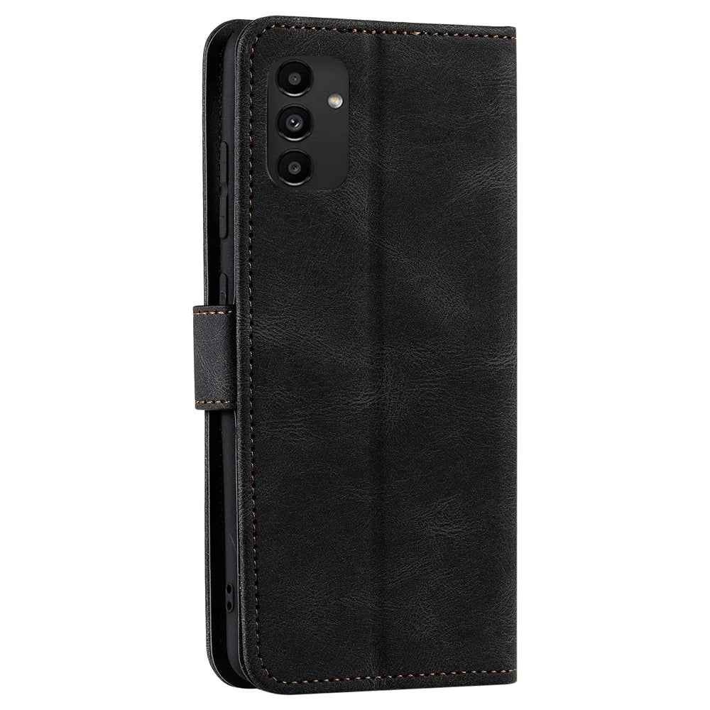 Wrist Strap Protective Cover Splicing PU Leather and TPU Phone Flip Case Stitching Skin-touch Stand Wallet for Samsung Galaxy A13 4G - Black - 4