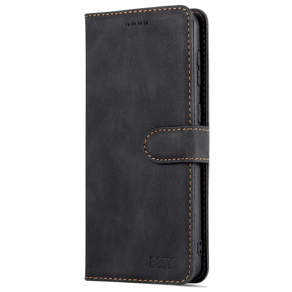 AZNS Stand Wallet PU Leather Cover + TPU Folio Flip Protective Phone Case Cover for Samsung Galaxy S22 5G - Black - 2