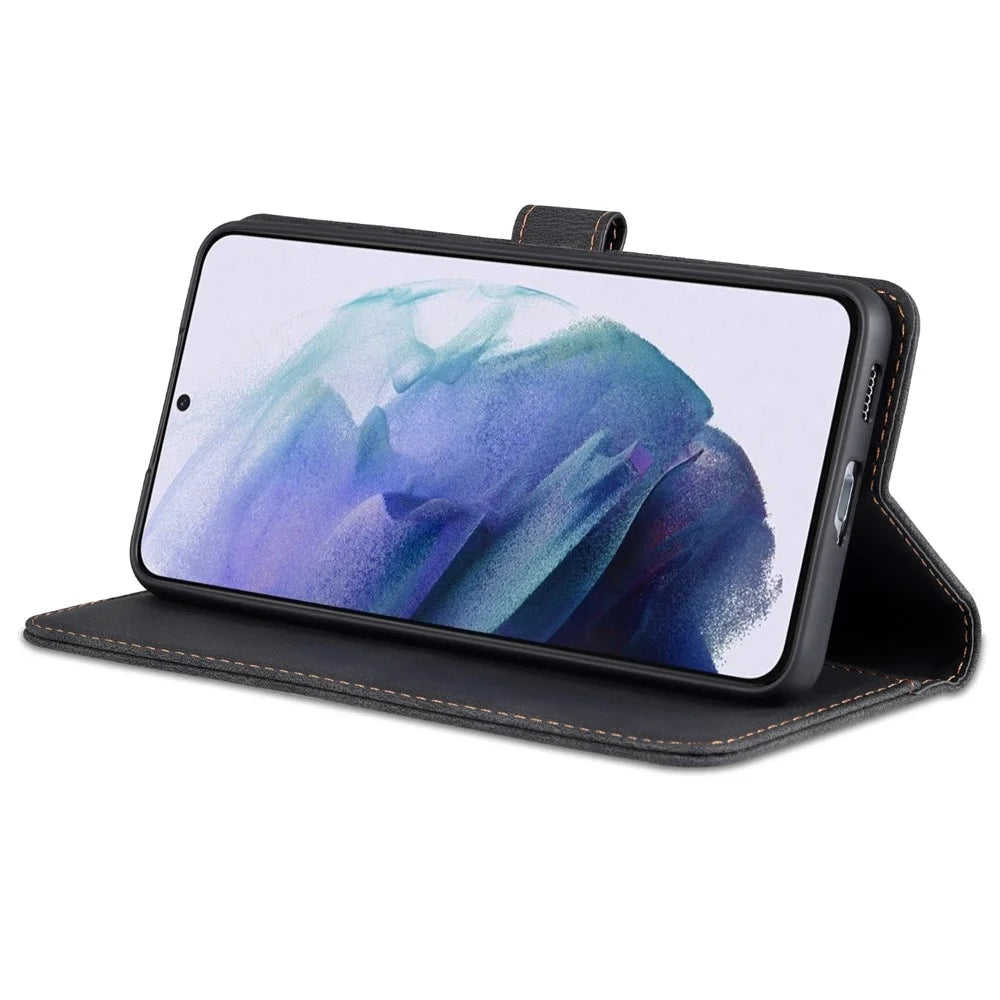 AZNS Stand Wallet PU Leather Cover + TPU Folio Flip Protective Phone Case Cover for Samsung Galaxy S22 5G - Black - 5