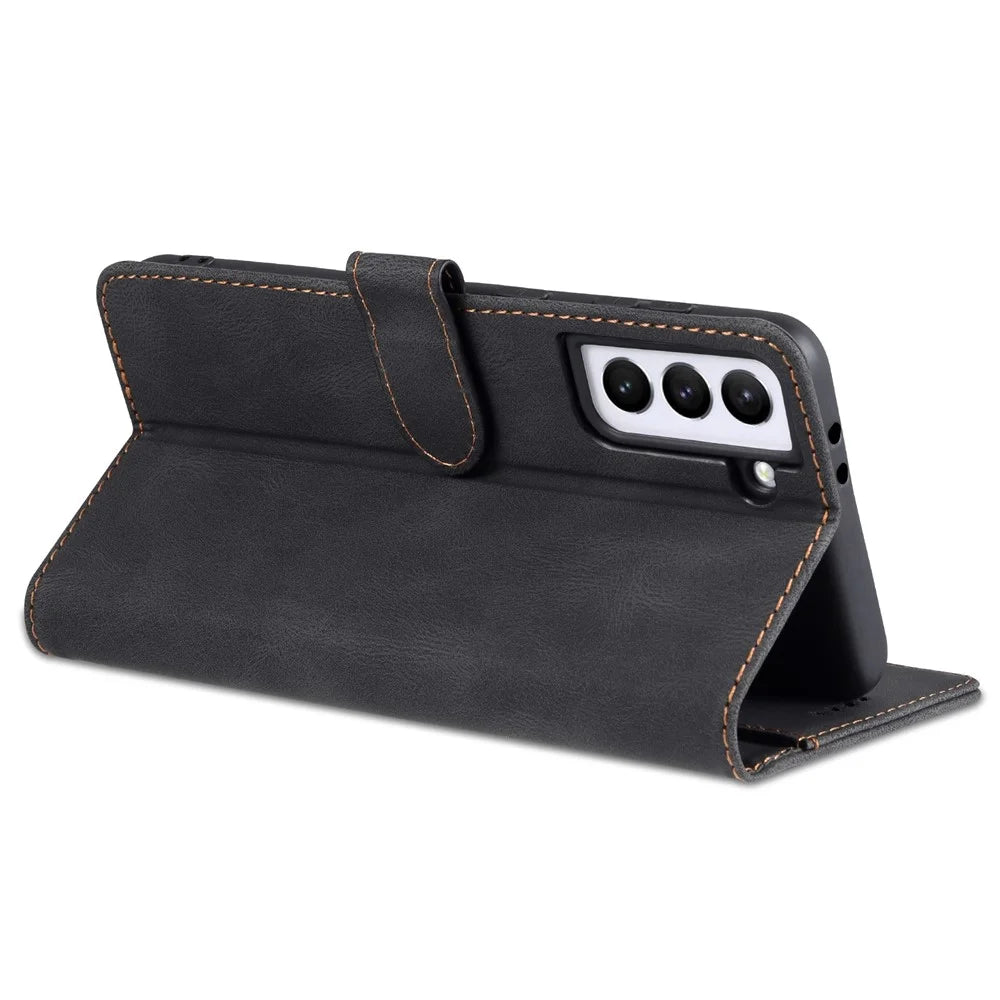 AZNS Stand Wallet PU Leather Cover + TPU Folio Flip Protective Phone Case Cover for Samsung Galaxy S22 5G - Black - 6