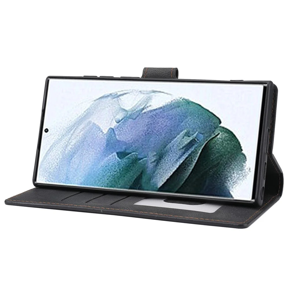 Classic Style PU Leather Magnetic Flip Folio Case Wallet Stand Drop Protection Cover for Samsung Galaxy S22 Ultra 5G - Black - 4
