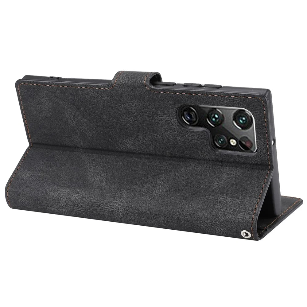 Classic Style PU Leather Magnetic Flip Folio Case Wallet Stand Drop Protection Cover for Samsung Galaxy S22 Ultra 5G - Black - 5