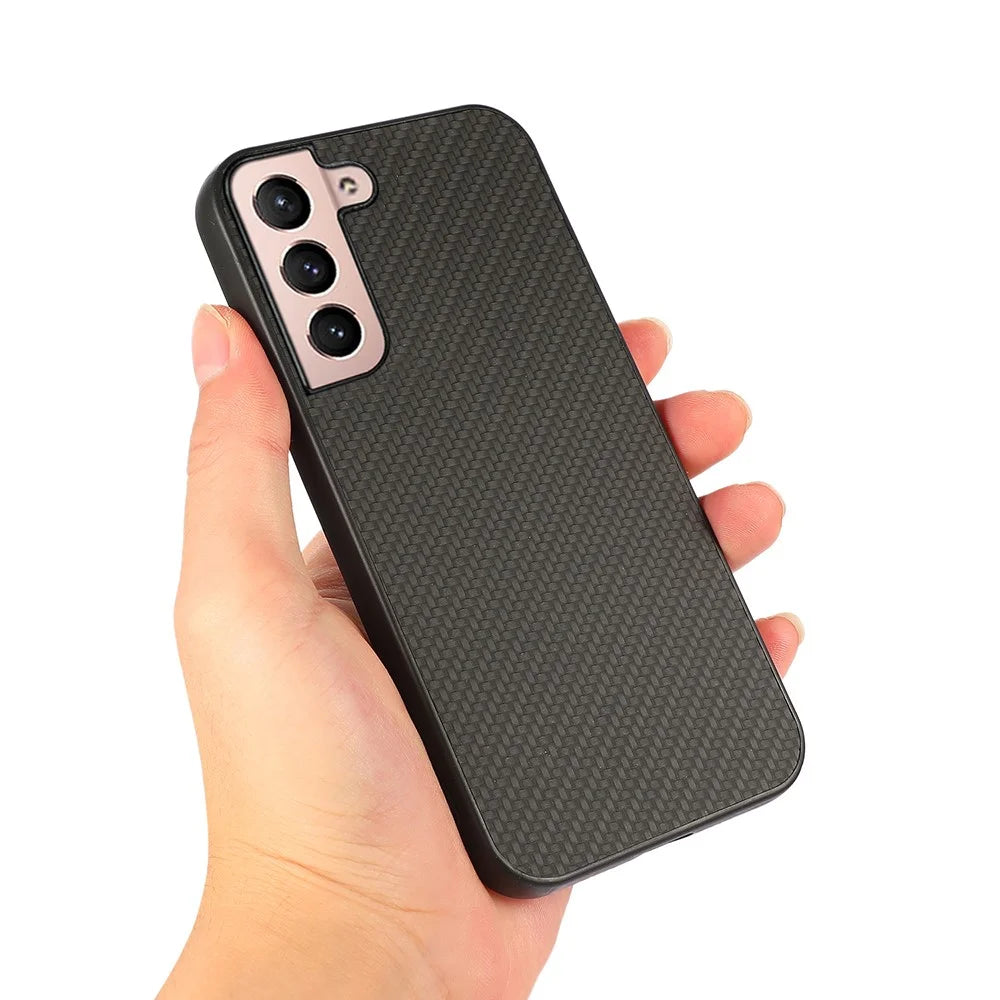 Carbon Fiber Texture Phone Case PU Leather Coated PC + TPU Hybrid Cover for Samsung Galaxy S22+ 5G - Black - 2