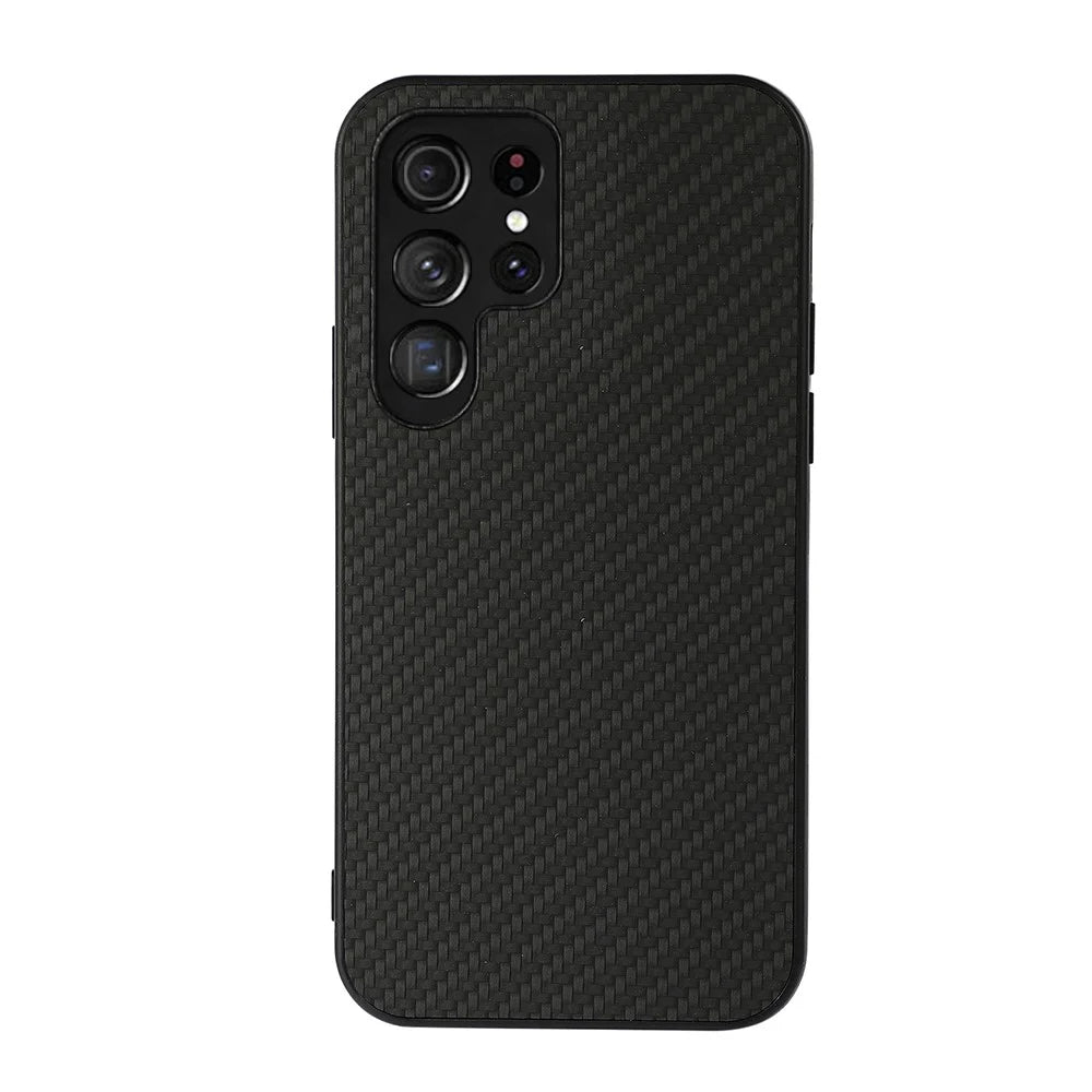 PU Leather Coated PC + TPU Carbon Fiber Texture Shockproof Phone Case Cover for Samsung Galaxy S22 Ultra 5G - Black - 1