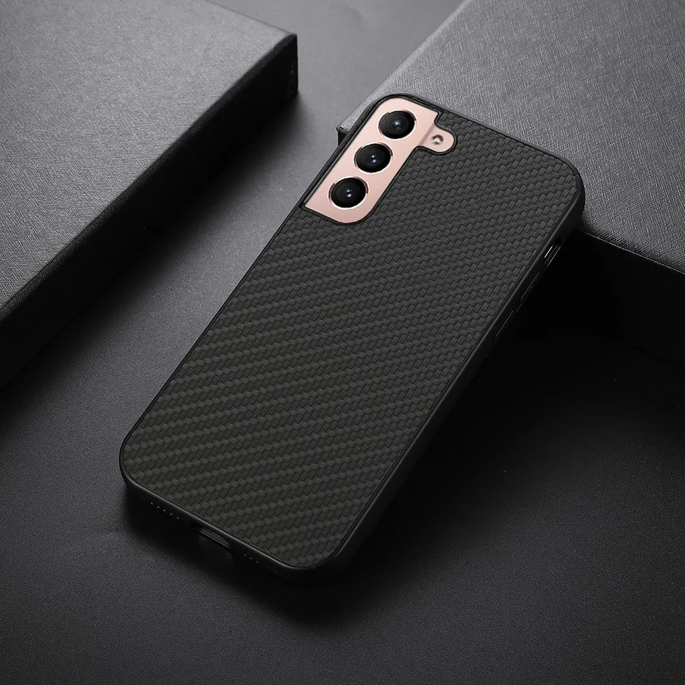 Carbon Fiber Texture Drop-resistant PU Leather Coated PC + TPU Phone Case Shell for Samsung Galaxy S22 5G - Black - 4