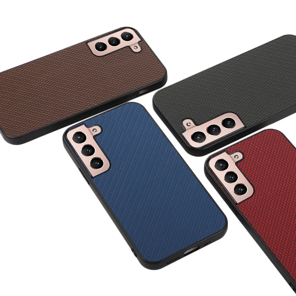 Carbon Fiber Texture Drop-resistant PU Leather Coated PC + TPU Phone Case Shell for Samsung Galaxy S22 5G - Black - 5