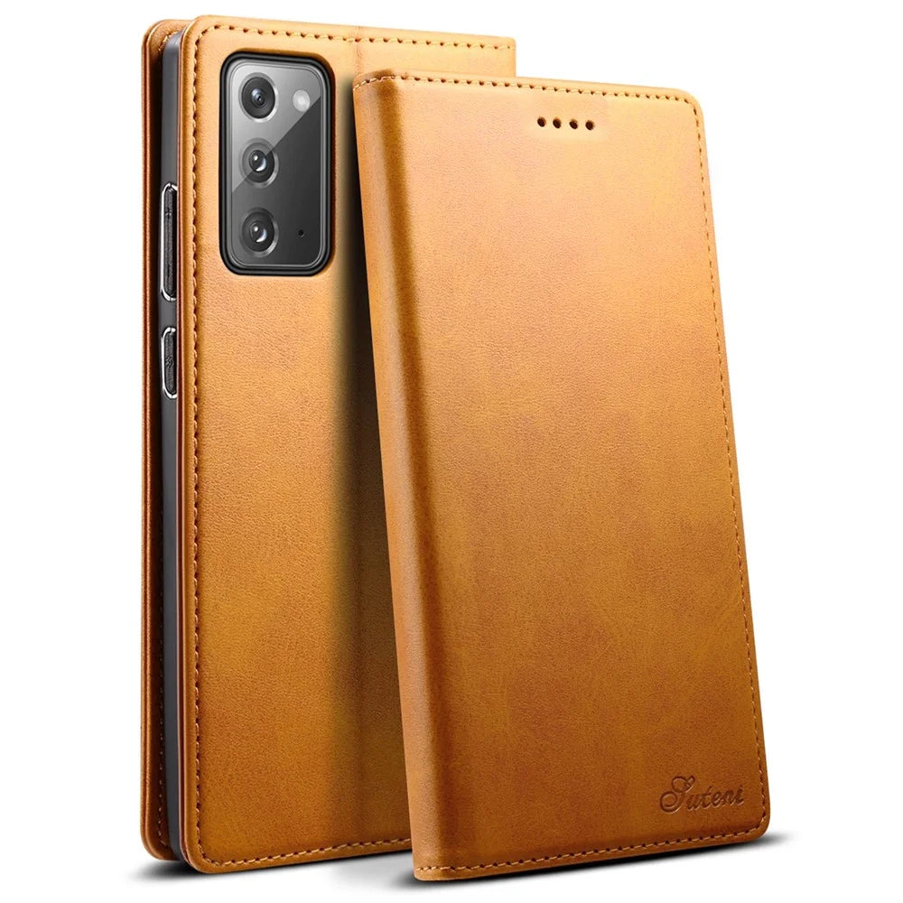 SUTENI Stand Wallet Design Magnetic Auto Closing PU Leather Phone Case Cover for Samsung Galaxy Note20 4G/5G - Khaki - 1
