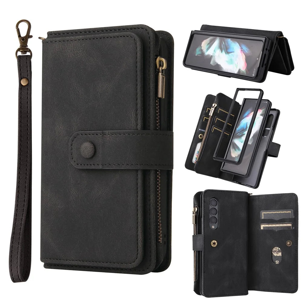 For Samsung Galaxy Z Fold3 5G Zipper Wallet Case with 15 Card Slots and Strap Leather Phone Cover - Black - 1