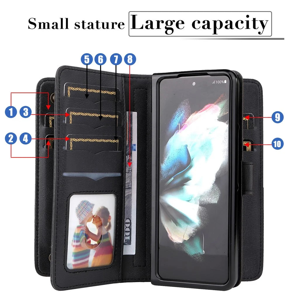 For Samsung Galaxy Z Fold3 5G Leather Case with 10 Card Holder Phone Cover Stand - Black - 3