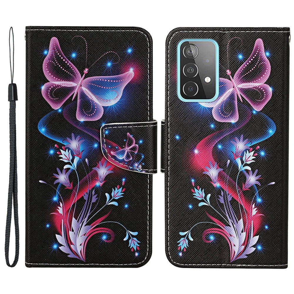 For Samsung Galaxy A33 5G Cross Texture PU Leather Folio Flip Stand Cover Pattern Printing Wallet Case with Strap - Fluorescent Butterflies - 1
