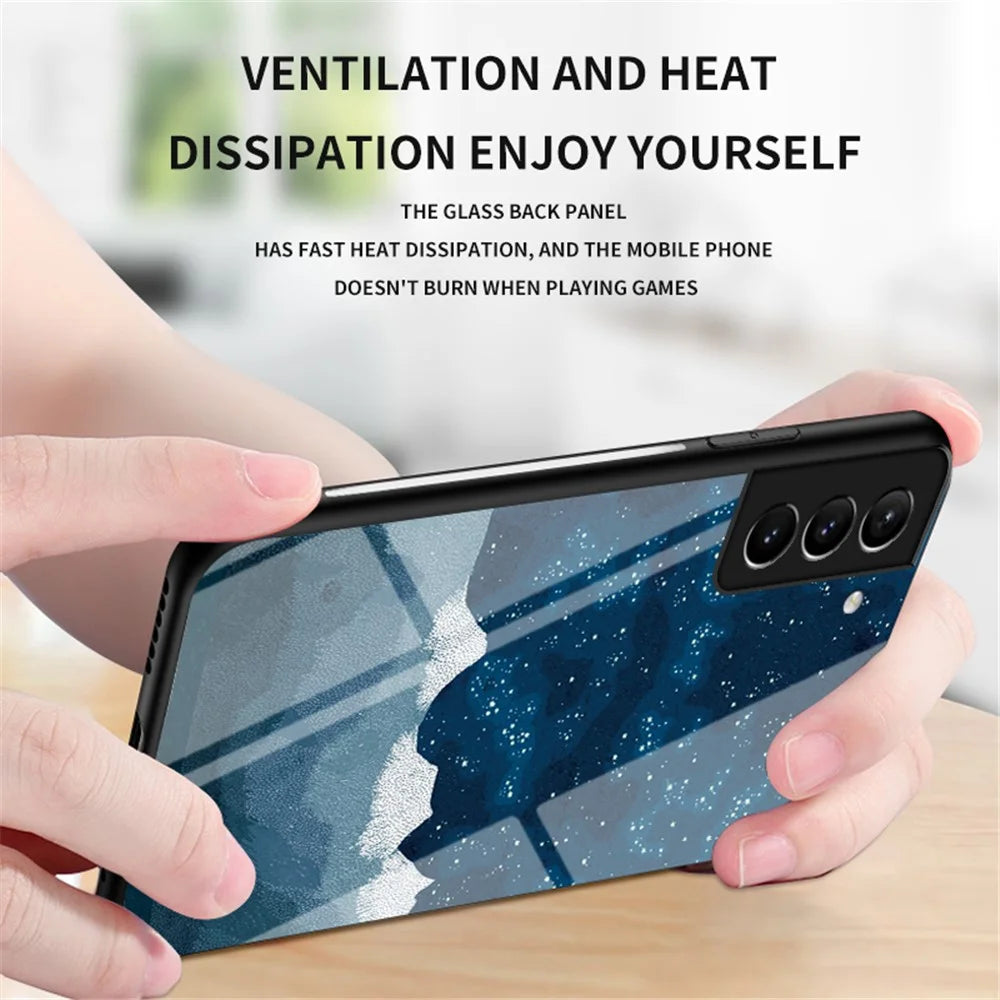 Tempered Glass + PC Back Panel + TPU Bumper Hybrid Phone Case Starry Sky Protective Cover for Samsung Galaxy S22+ 5G - Starry Crescent Moon - 4