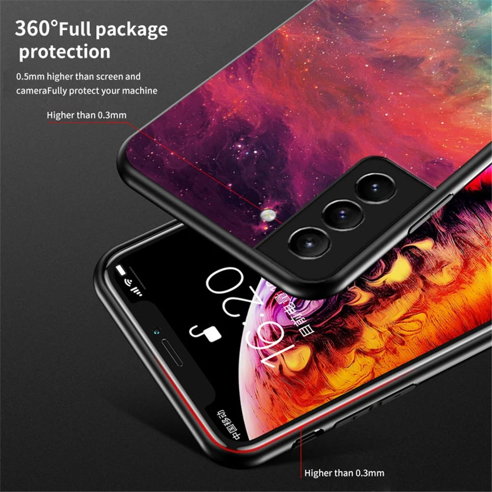 Tempered Glass + PC Back Panel + TPU Bumper Hybrid Phone Case Starry Sky Protective Cover for Samsung Galaxy S22+ 5G - Starry Crescent Moon - 5