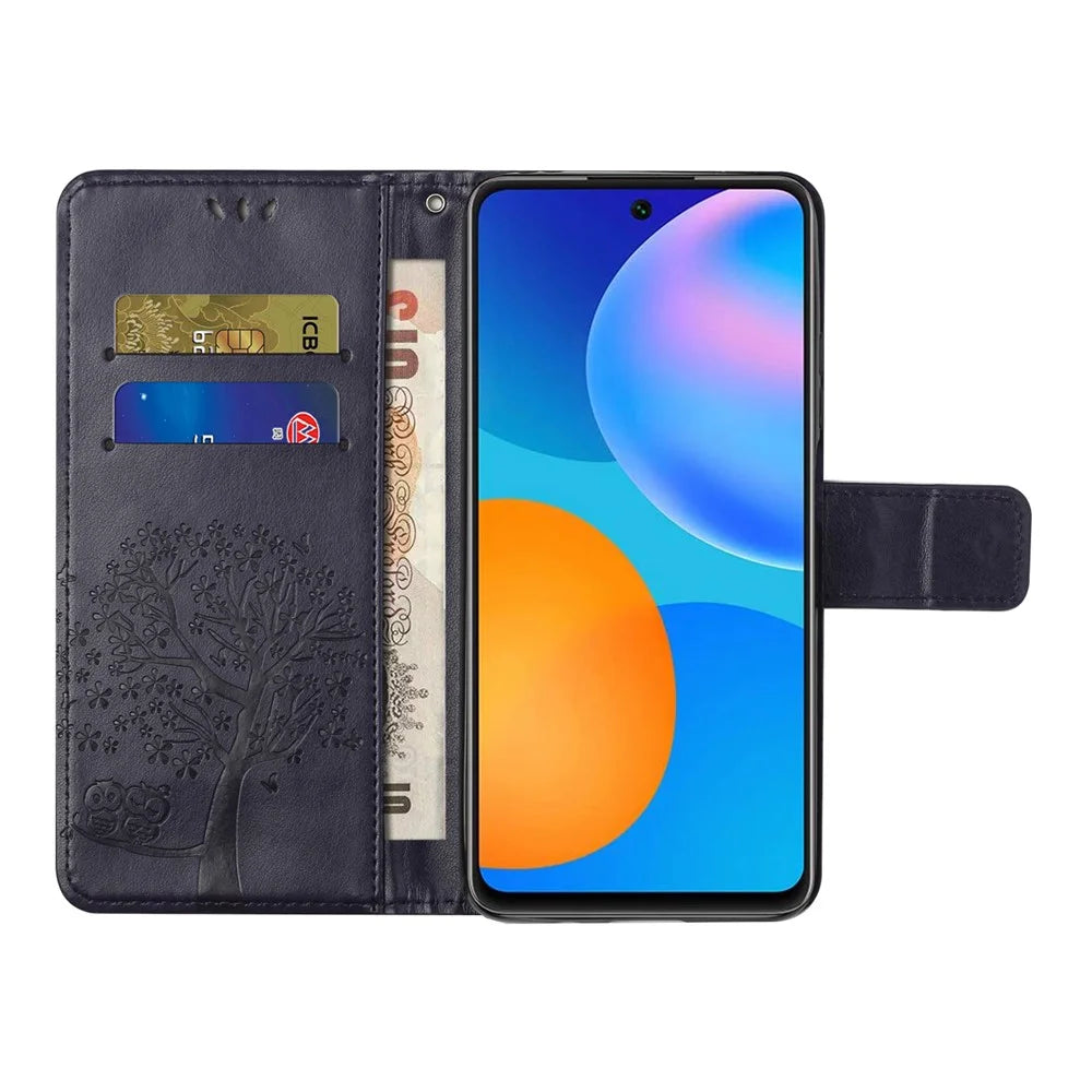 For Samsung Galaxy A13 4G Owl Tree Pattern Imprinted Magnetic Clasp PU Leather Phone Case Stand Wallet Cover with Strap - Dark Purple - 4