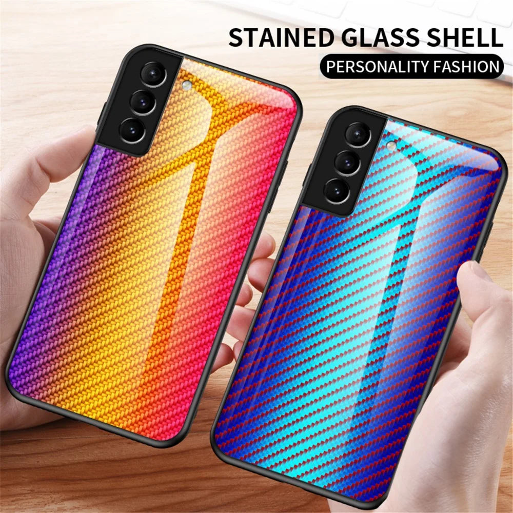 Carbon Fiber Texture Thin Light Tempered Glass Back Anti-Scratch PC+TPU Case Protective Cover for Samsung Galaxy S22 5G - Black - 4