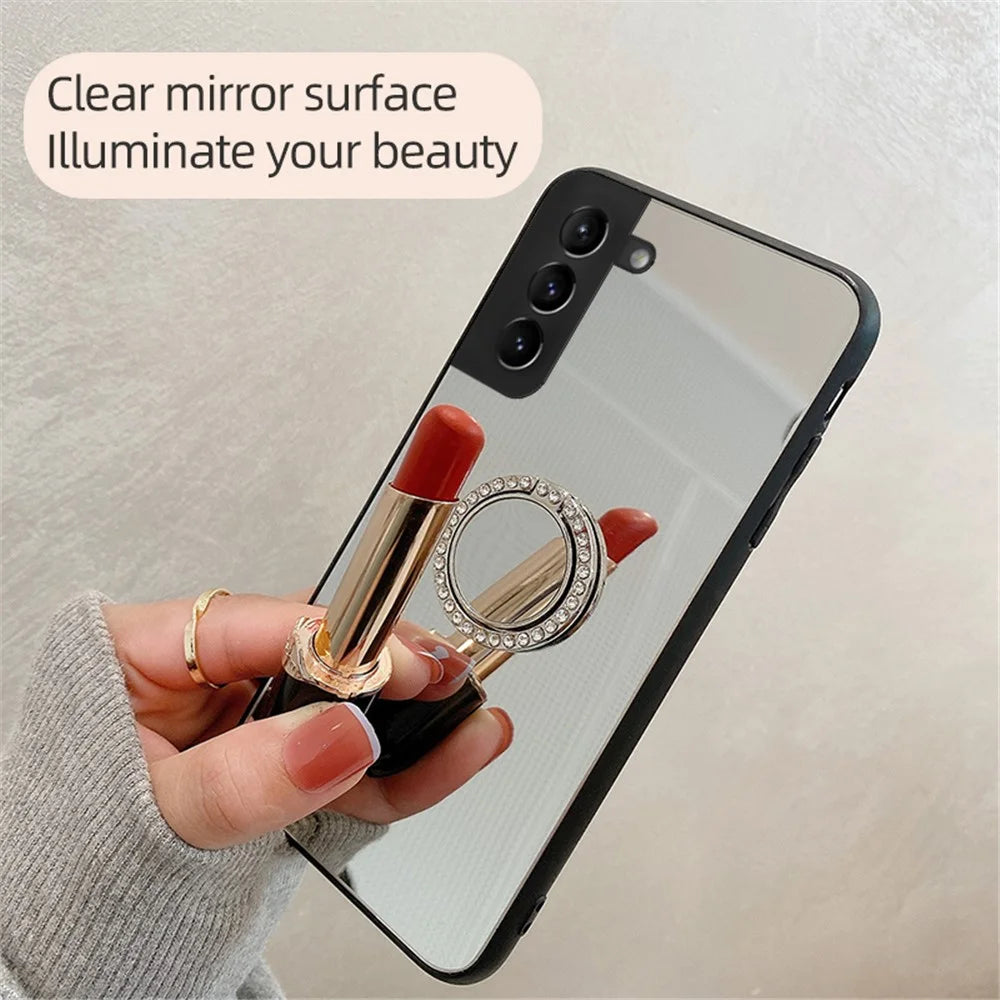 Mirror Design Ring-shaped Kickstand Stylish No Fingerprint TPU + PC Hybrid Cover Case for Samsung Galaxy S22 5G - Silver - 2