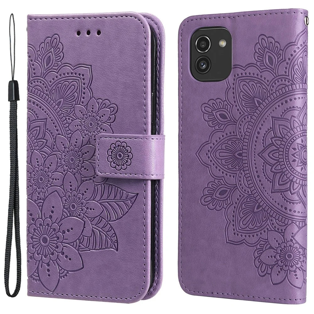 For Samsung Galaxy A03 (164.2mm) Case Floral Pattern PU Leather Wallet Stand Phone Cover - Purple - 1