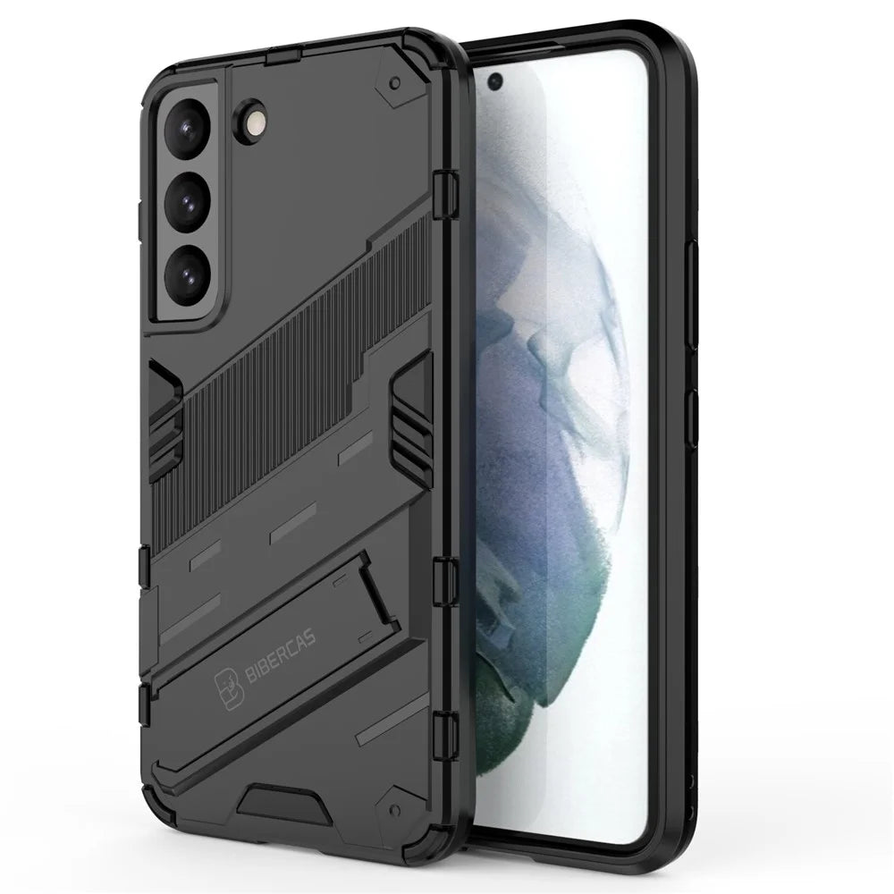 Kickstand Design Flexible TPU + Hard PC Back Phone Cover Anti-Scratch Cellphone Case for Samsung Galaxy S22 5G - Black - 2