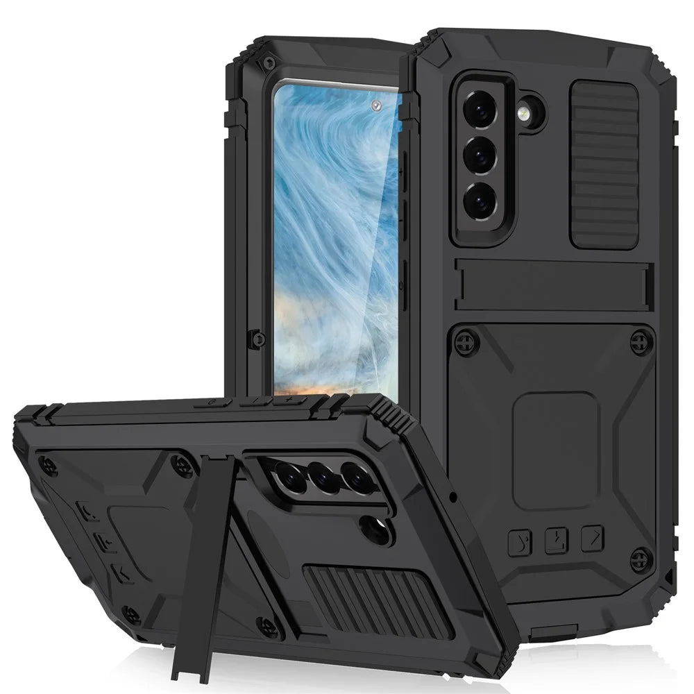 R-JUST Drop-proof Dust-proof Waterproof Full Protection PC + Silicone + Metal Phone Case with Kickstand for Samsung Galaxy S21 FE 5G - Black - 1