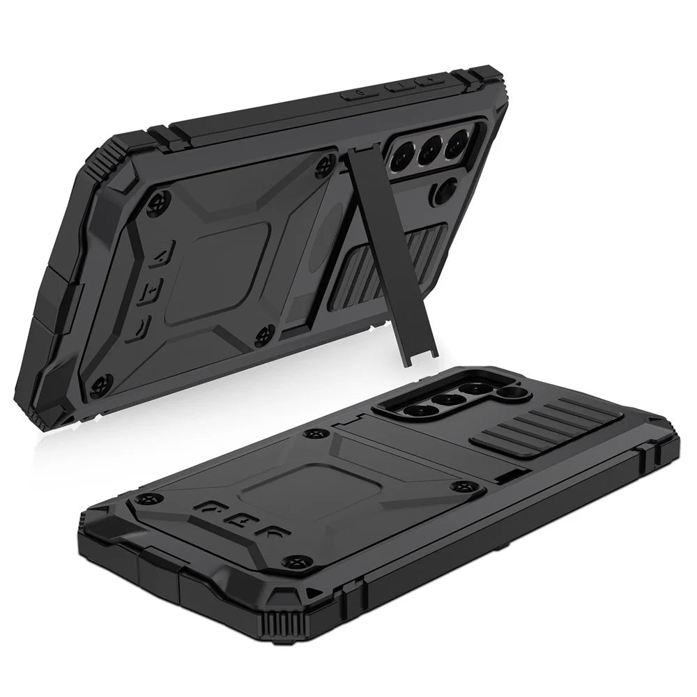 R-JUST Drop-proof Dust-proof Waterproof Full Protection PC + Silicone + Metal Phone Case with Kickstand for Samsung Galaxy S21 FE 5G - Black - 2