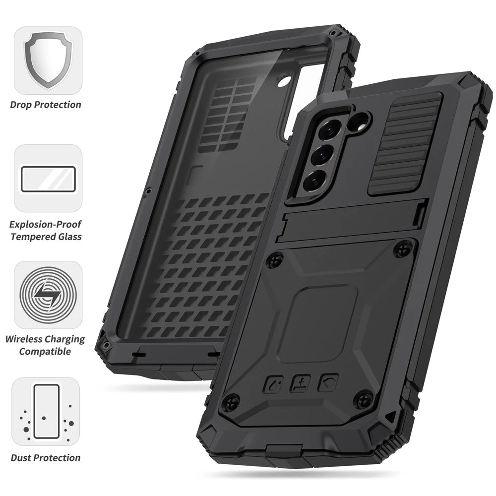 R-JUST Drop-proof Dust-proof Waterproof Full Protection PC + Silicone + Metal Phone Case with Kickstand for Samsung Galaxy S21 FE 5G - Black - 5