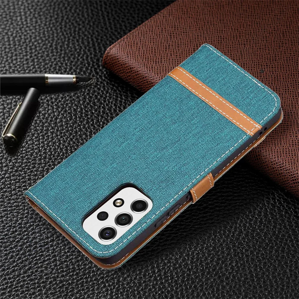 Color Splicing Jeans Cloth Magnetic Clasp Stand PU Leather Wallet Leather Phone Case with Carrying Lanyard for Samsung Galaxy A53 5G - Green - 7